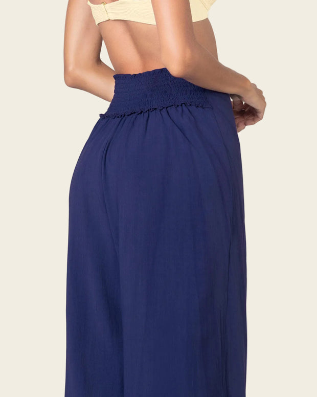 Pantalón tipo lino con tiras anudables en frente y elástico en espalda