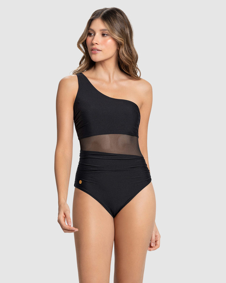 Traje de baño entero de un solo hombro con compresión suave de abdomen bajo