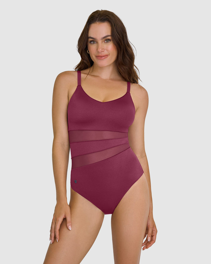 Traje de baño entero de compresión con franjas en tul y tela con brillo