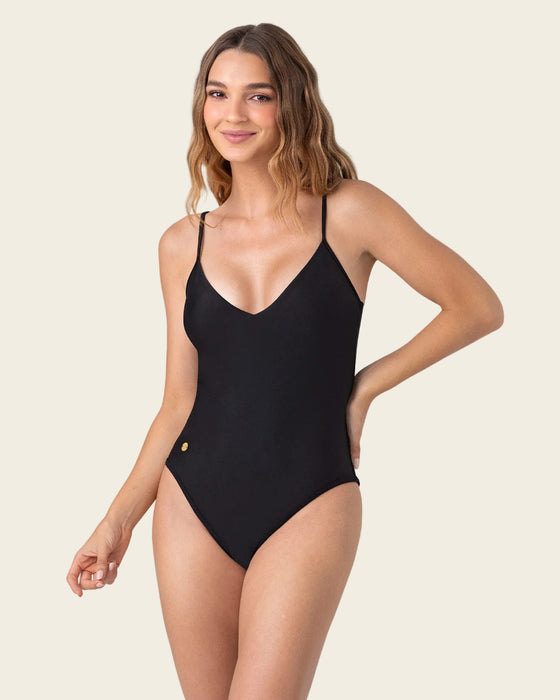 Traje de baño entero con tiras anudables en espalda#color_700-negro