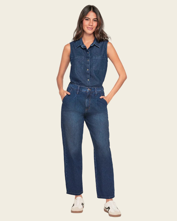 Blusa manga sisa cuello de camisero en denim liviano