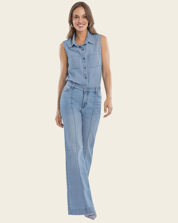 Blusa manga sisa cuello de camisero en denim liviano