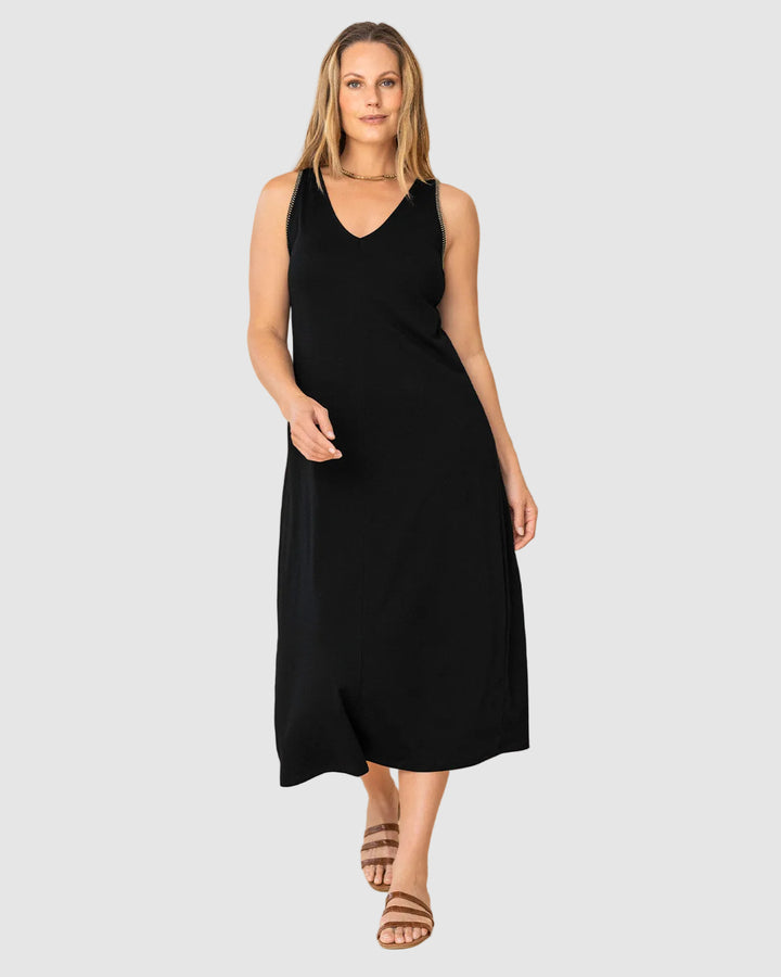 Vestido midi esencial con detalle bordado en sisa