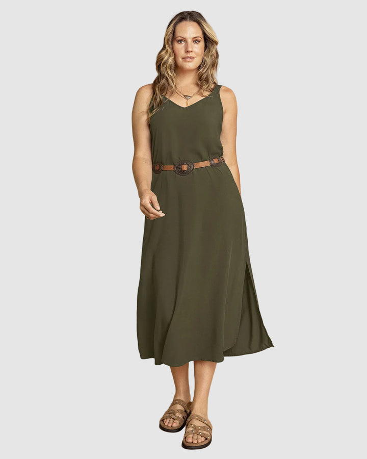 Vestido midi de tiritas con taches decorativos