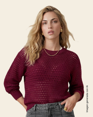 Sudadera con tejido abierto de cuello redondo#color_c34-vino