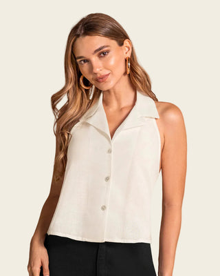 Blusa manga sisa cuello tipo halter con solapa#color_018-marfil