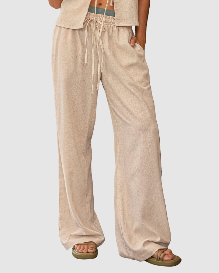 Pantalón bota recta en tela tipo lino grueso