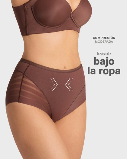 Panty faja clásico con compresión moderada de abdomen y bandas en tul#color_875-cafe-oscuro
