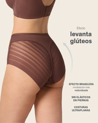 Panty faja clásico con compresión moderada de abdomen y bandas en tul#color_875-cafe-oscuro