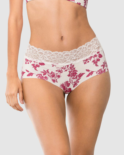 Panty hípster en tela ultraliviana con franja de encaje#color_c06-marfil-estampado-hojas