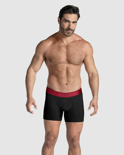 Bóxer medio diseño ergonómico ultrafresco y cómodo en microfibra#color_079-negro-elastico-rojo