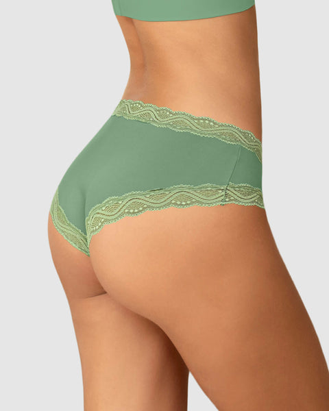 Panty hípster tiro medio en tela lisa y encaje#color_628-verde-claro