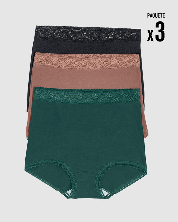 Paquete x3 panties clásicos con toques de encaje#color_s23-verde-negro-salmon