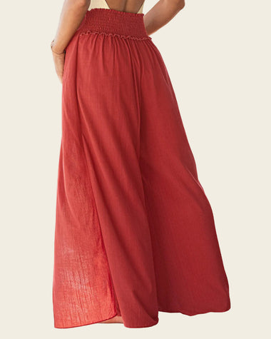Pantalón tipo lino con tiras anudables en frente y elástico en espalda#color_391-rojo-coral