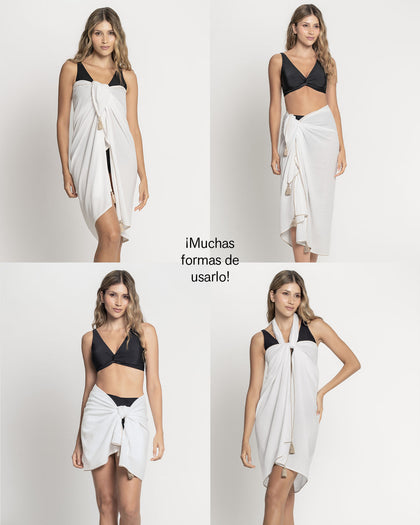 Pareo rectangular multiusos con borlas en las puntas#color_000-blanco