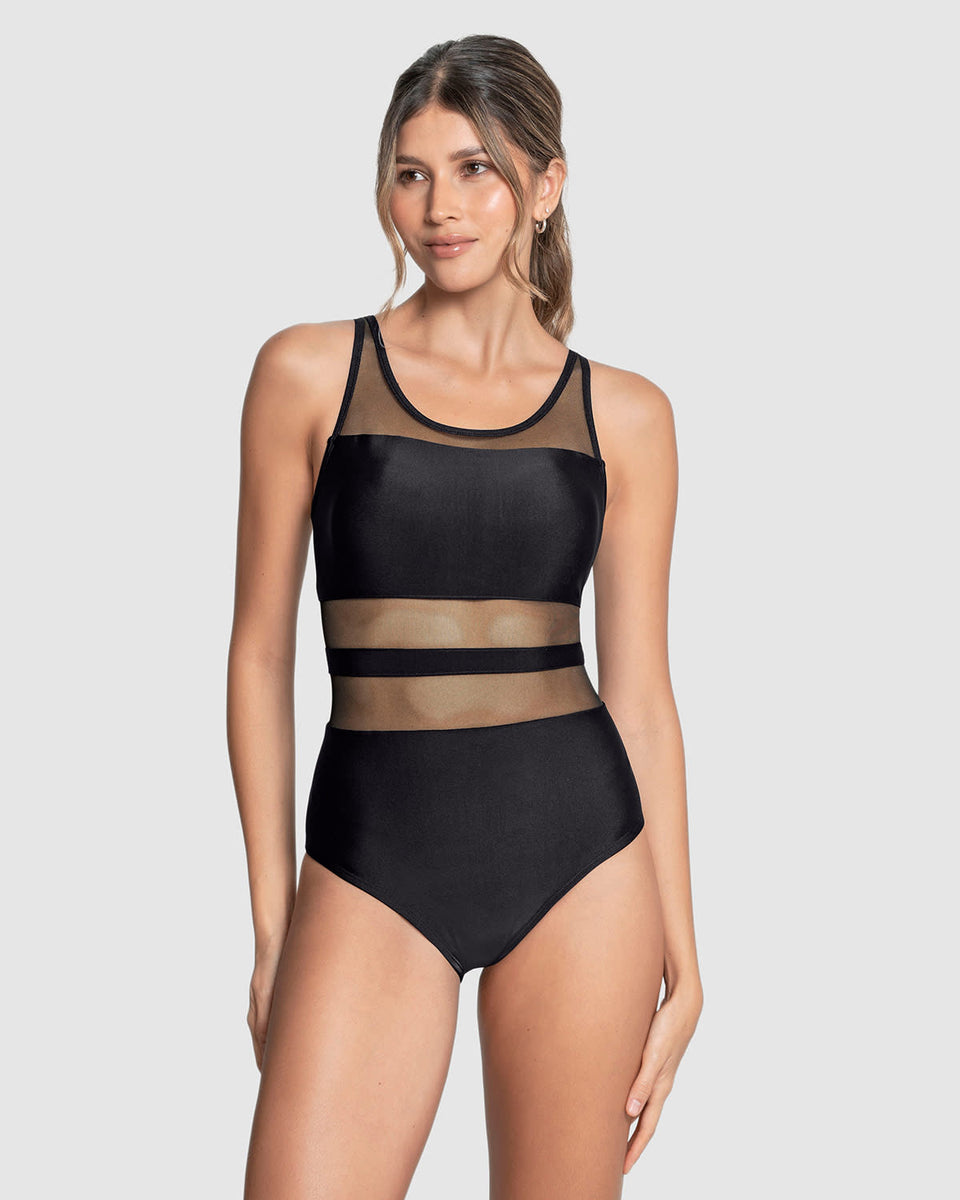 Traje de baño entero de compresión con transparencias en tul