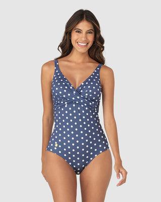 Traje de baño con drapeado en el escote elaborado tecnología BIO-PET#color_a63-estampado-puntos-azul