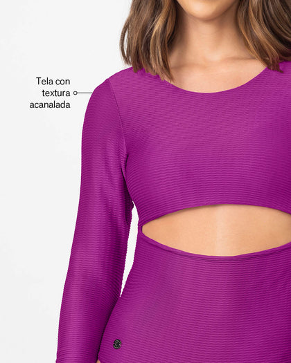 Traje de baño entero manga larga con abertura en abdomen#color_429-morado