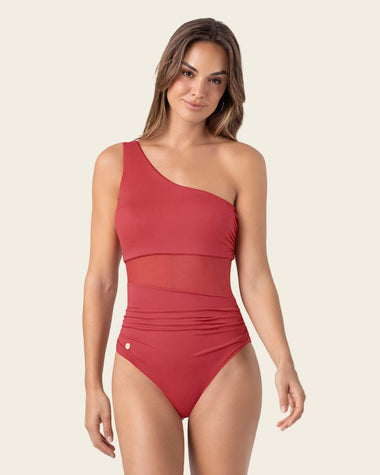 Traje de baño entero de un solo hombro con compresión de abdomen#color_391-rojo-coral
