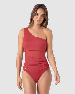 Traje de baño entero de un solo hombro con compresión de abdomen#color_391-rojo-coral