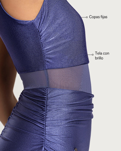 Traje de baño entero de un solo hombro con compresión suave de abdomen bajo#color_408-azul