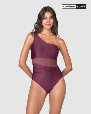 Traje de baño entero de un solo hombro con compresión suave de abdomen bajo#color_466-vinotinto