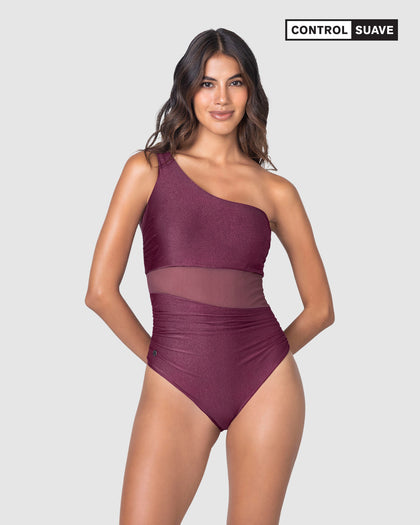 Traje de baño entero de un solo hombro con compresión suave de abdomen bajo#color_466-vinotinto
