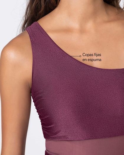 Traje de baño entero de un solo hombro con compresión suave de abdomen bajo#color_466-vinotinto