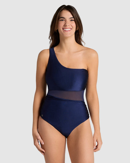 Traje de baño entero de un solo hombro con compresión suave de abdomen bajo#color_509-azul-oscuro