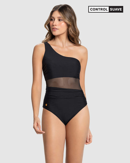 Traje de baño entero de un solo hombro con compresión suave de abdomen bajo#color_700-negro