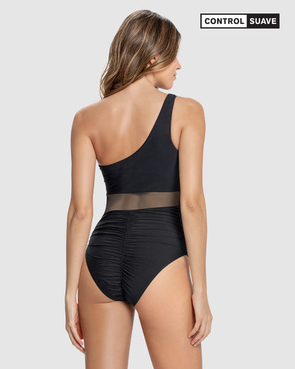 Traje de baño entero de un solo hombro con compresión suave de abdomen bajo#color_700-negro
