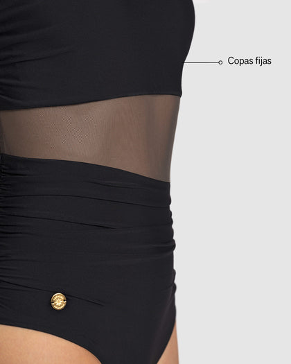 Traje de baño entero de un solo hombro con compresión suave de abdomen bajo#color_700-negro