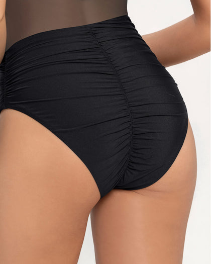 Traje de baño entero de un solo hombro con compresión suave de abdomen bajo#color_700-negro