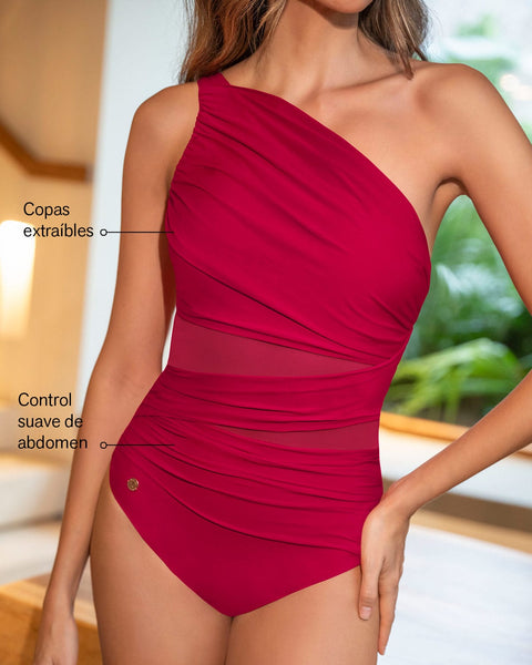 Traje de baño entero de compresión de abdomen y hombro asimétrico#color_323-rojo