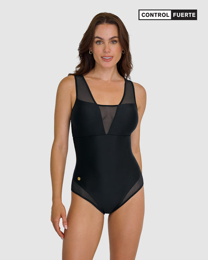Traje de baño entero con detalles en tul en escote y piernas#color_700-negro