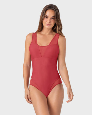 Traje de baño entero de compresión fuerte con detalles en tul - Hasta 2 cm menos#color_391-rojo-coral
