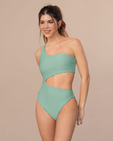 Traje de baño de un solo hombro con tela acanalada#color_623-verde-medio