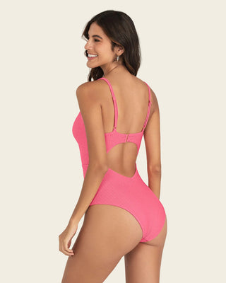 Traje de baño entero de compresión suave con detalle de escote cruzado#color_211-salmon