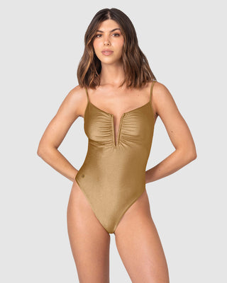 Traje de baño entero con escote en Vprofundo y detalle drapeado#color_123-dorado