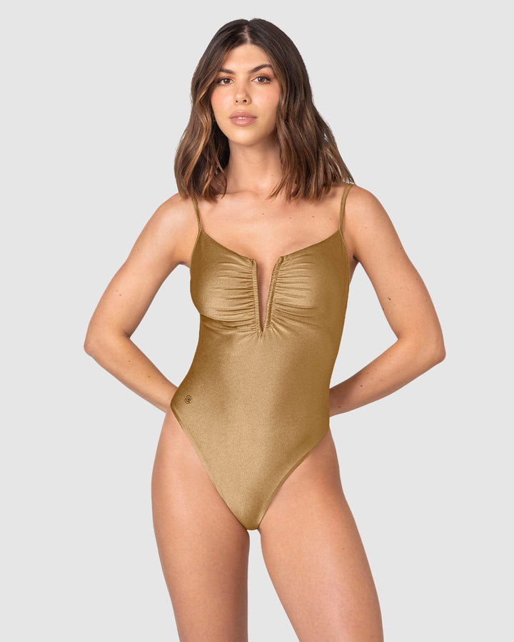 Traje de baño entero con escote en Vprofundo y detalle drapeado