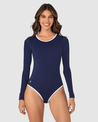 Traje de baño entero manga larga con espalda descubierta#color_509-azul-oscuro