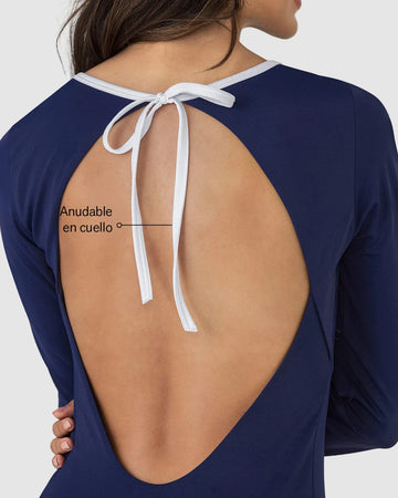 Traje de baño entero manga larga con espalda descubierta#color_509-azul-oscuro