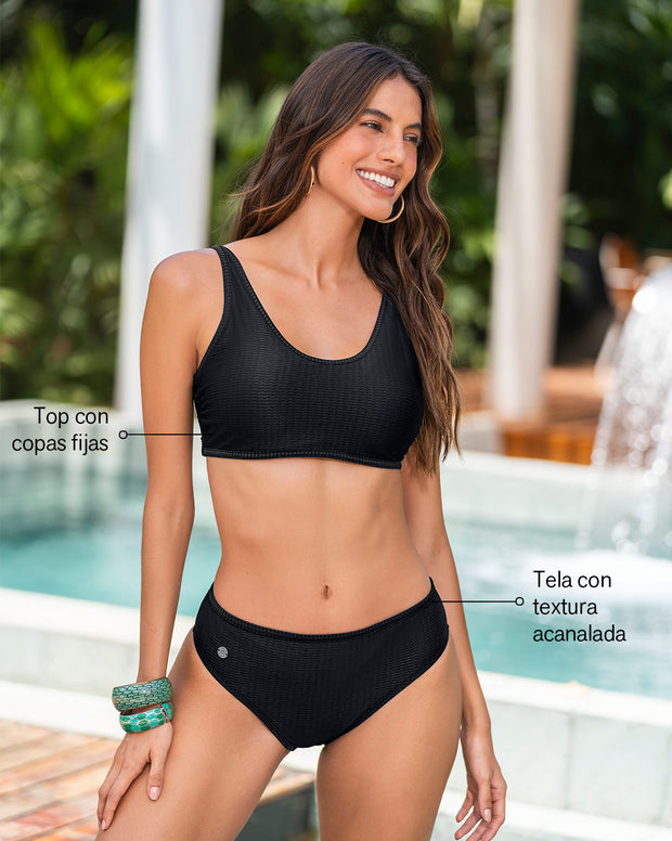 Bikini tiro alto en textura acanalada