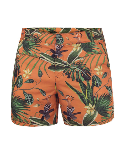 Pantaloneta corta con botón y cierre internos y bolsillos laterales#color_205-estampado-aves-naranja