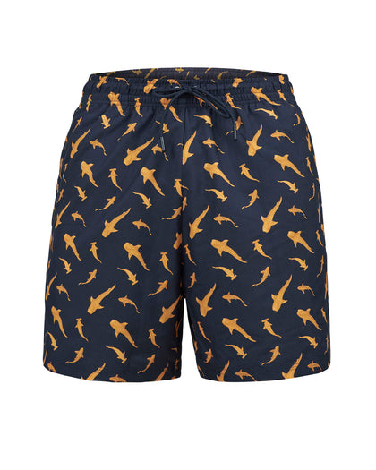 Pantaloneta de baño masculina con práctico bolsillo al lado derecho#color_926-estampado-azul-tiburones