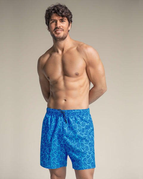 Pantaloneta de baño masculina con práctico bolsillo al lado derecho#color_b00-estampado-coral-azul