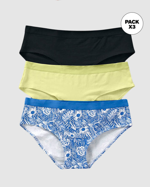 Paquete x 3 panties estilo hípster en algodón#color_s67-estampado-flores-amarillo-neon-negro