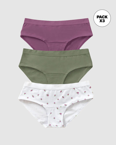 Paquete x 3 panties estilo hípster en algodón#color_s69-verde-estampado-flores-mora