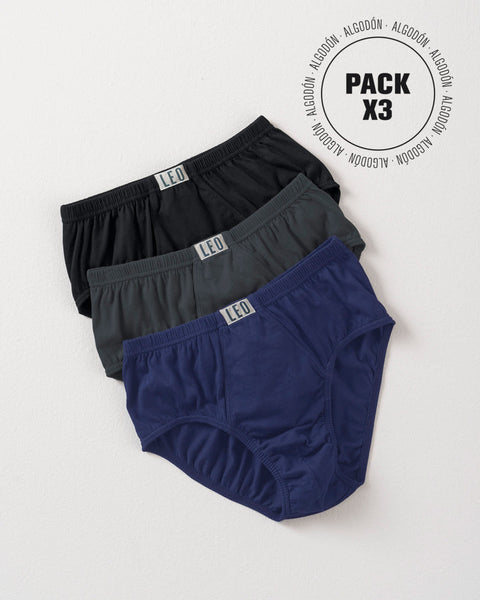 3 Pantaloncillos Clásicos Leo 100% en algodón#color_s14-negro-gris-azul