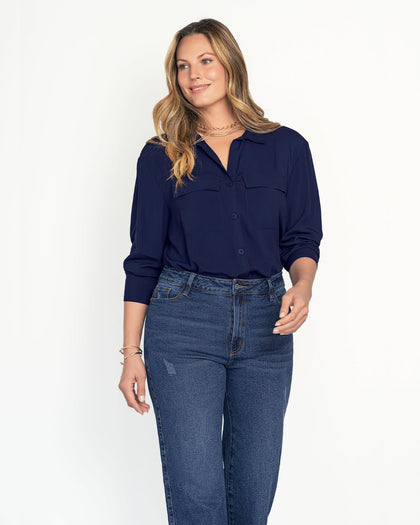 Camisa manga larga con perilla y bolsillos funcionales#color_024-azul-oscuro